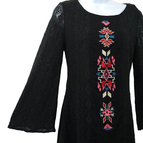 Flying Tomato Aztec Boho Tunic Top Mini Dress Long Bell Sleeve Sz M Black Lace - Picture 12 of 16